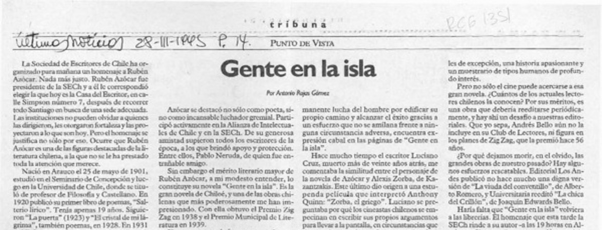 Gente en la isla  [artículo] Antonio Rojas Gómez.