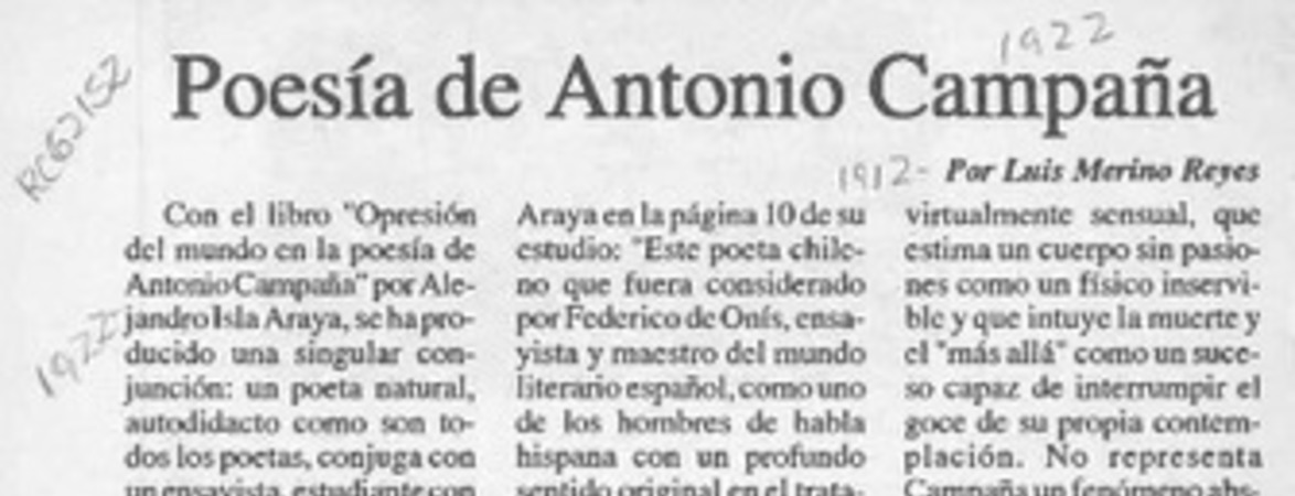Poesía de Antonio Campaña  [artículo] Luis Merino Reyes.