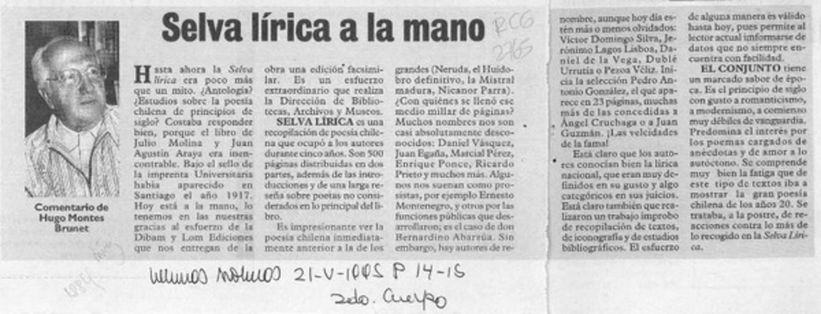 Selva lírica a la mano  [artículo] Hugo Montes Brunet.