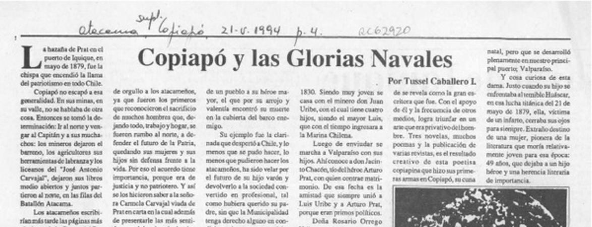 Copiapó y las glorias navales  [artículo] Tussel Caballero I.