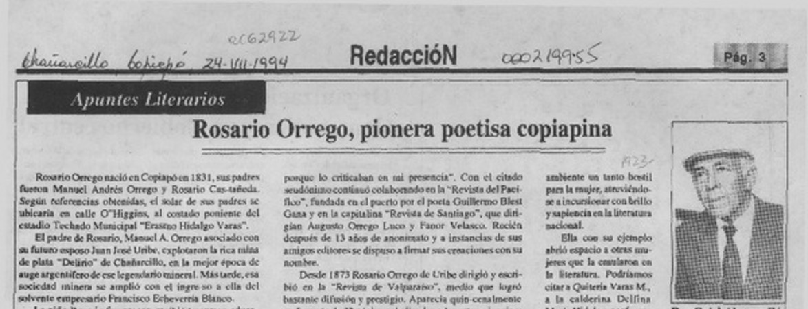 Rosario Orrego, pionera poetisa copiapina  [artículo] Oriel Alvarez Gómez.