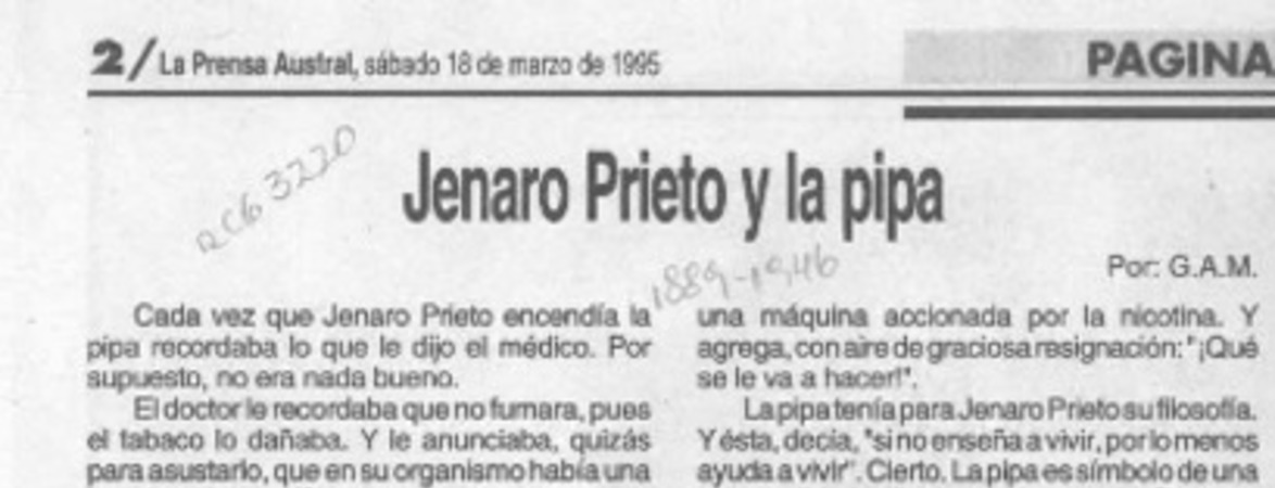 Jenaro Prieto y la pipa  [artículo] G. A. M.