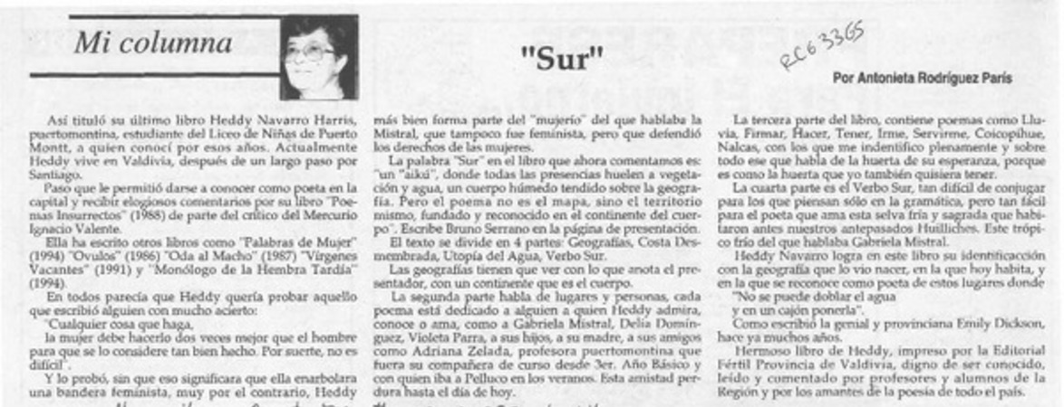 "Sur"  [artículo] Antonieta Rodríguez París.