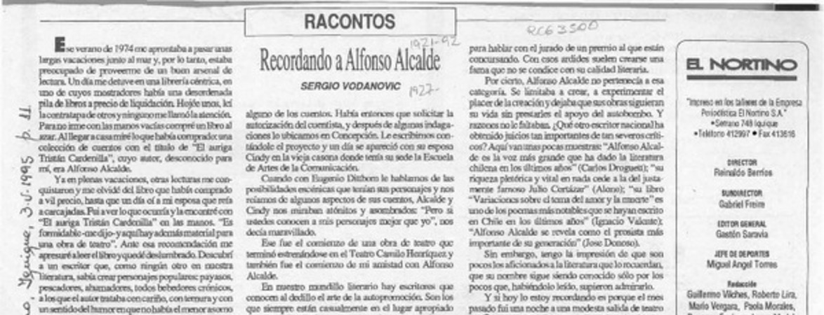Recordando a Alfonso Alcalde  [artículo] Sergio Vodanovic.