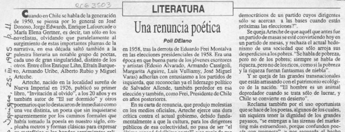 Una renuncia literaria  [artículo] Poli Délano.