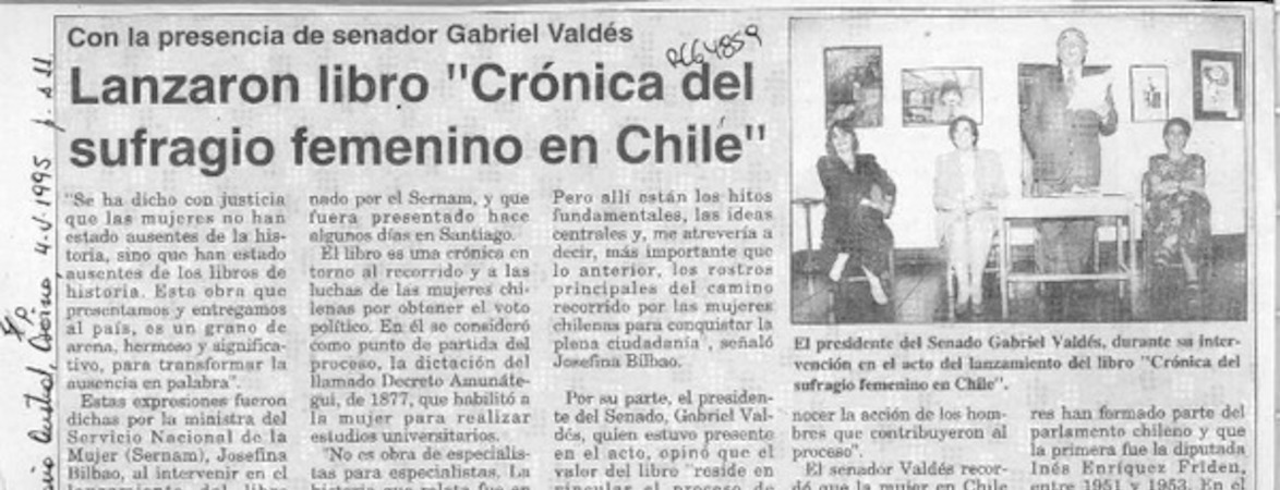Lanzaron libro "Crónica del sufragio femenino en Chile"  [artículo].
