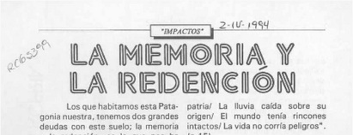 La memoria y la redención  [artículo] Jorge Díaz Bustamante.