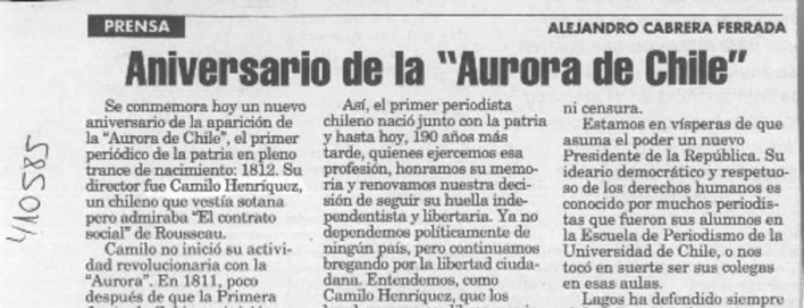 Aniversario de la "Aurora de Chile"  [artículo] Alejandro Cabrera Ferrada