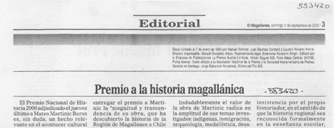 Premio a la historia magallánica  [artículo]