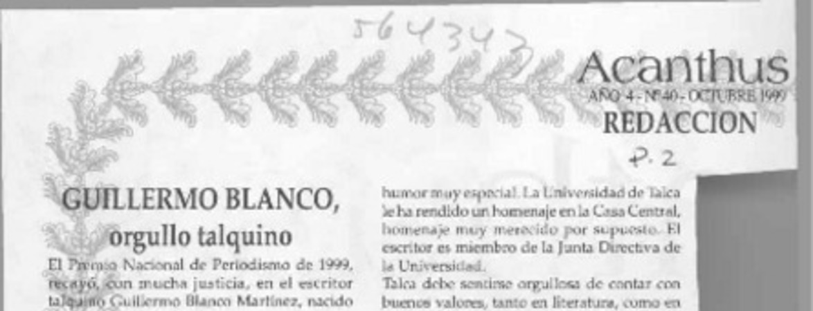 Guillermo Blanco, orgullo talquino  [artículo] Fanny Ross