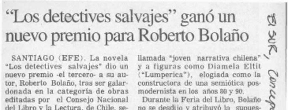 "Los Detectives salvajes" ganó nuevo premio para Roberto Bolaño  [artículo]