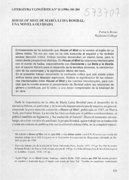 House of mist, de María Luisa Bombal:Una novela olvidada  [artículo] Patricia Rubio
