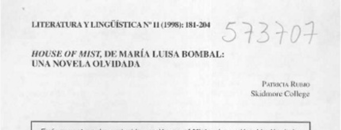 House of mist, de María Luisa Bombal:Una novela olvidada  [artículo] Patricia Rubio