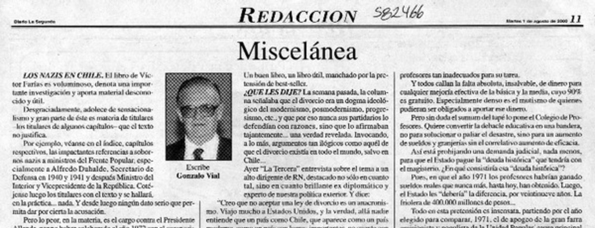 Miscelánea  [artículo] Gonzalo Vial