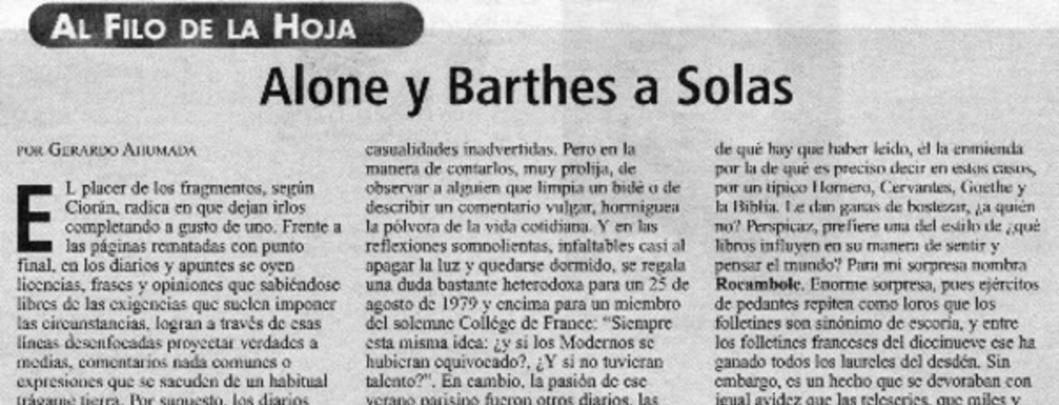 Alone y Barthes a solas  [artículo] Gerardo Ahumada