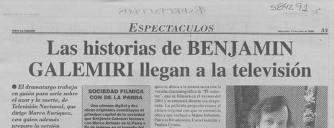 Las historias de Benjamín Galemiri llegan a a la televisión  [artículo] Javier Ibacache V.
