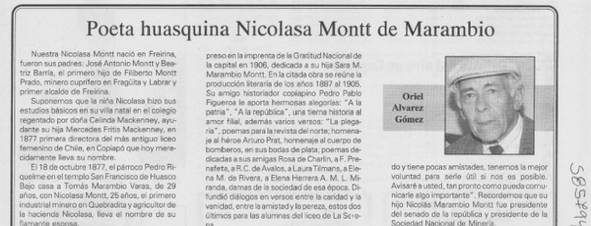 Poeta huasquina Nicolasa Montt de Marambio