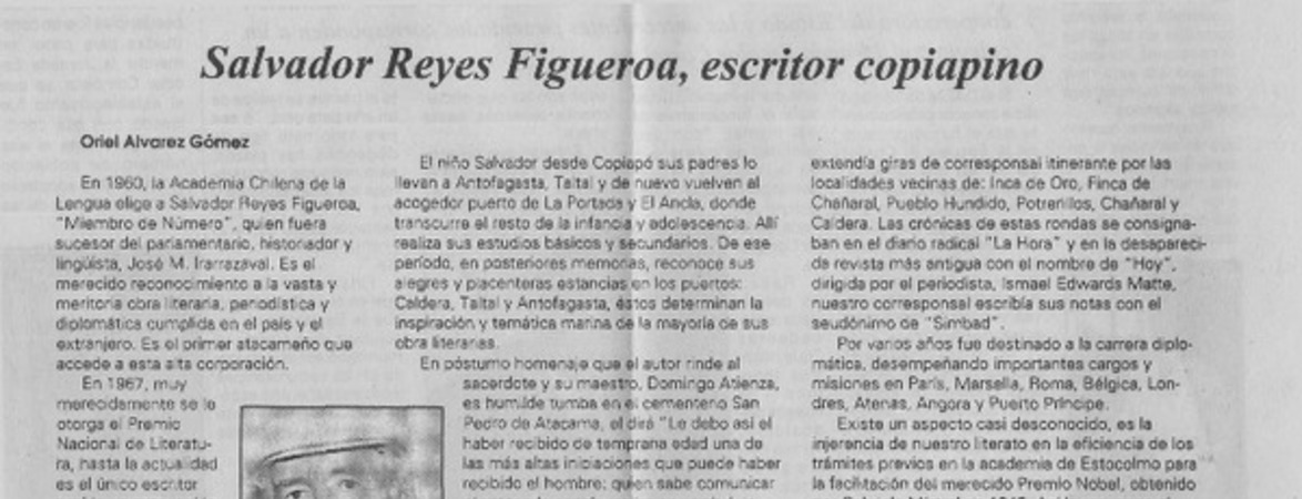 Salvador Reyes Figueroa, escritor copiapino  [artículo] Oriel Alvarez Gómez