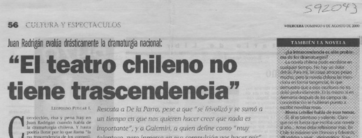"El teatro chileno no tiene trascendencia"  [artículo] Leopoldo Pulgar I.