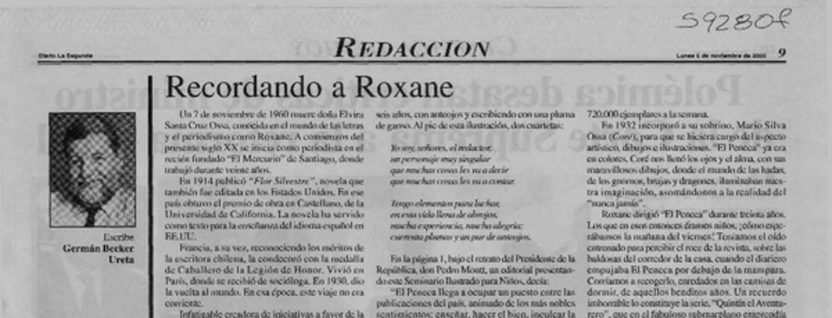 Recordando a Roxane  [artículo] Germán Becker Ureta