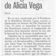 Distinguen labor de Alicia Vega  [artículo] M. A. F.