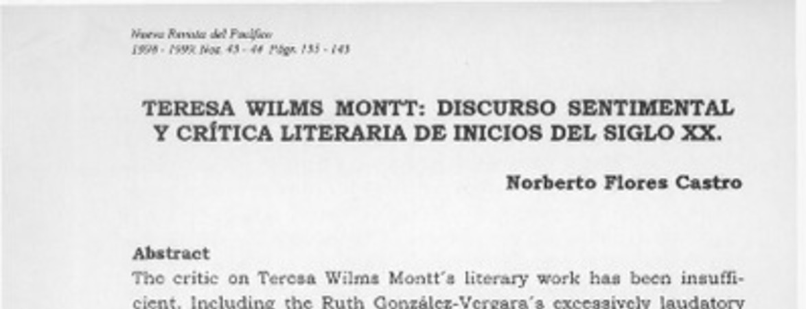 Teresa Wilms Montt, discurso sentimental y crítica literaria de inicios del siglo XX  [artículo] Norberto Flores Castro