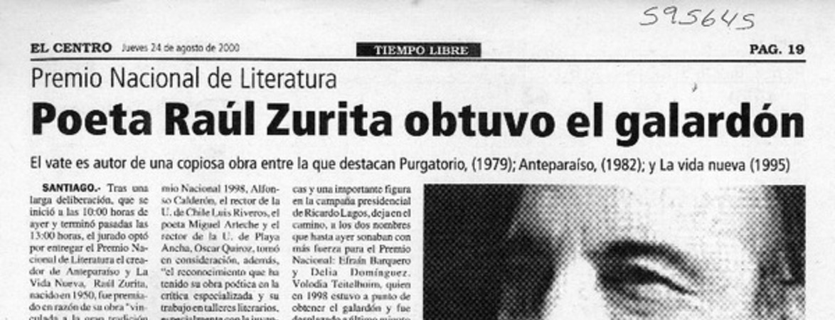 Poeta Raúl Zurita obtuvo el galardón  [artículo]