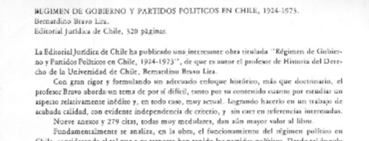 Régimen de gobierno y partidos políticos en Chile, 1924-1973  [artículo] Sergio Carrasco Delgado.