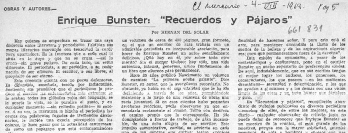 Enrique Bunster, "Recuerdos y pájaros"  [artículo] Hernán del Solar.