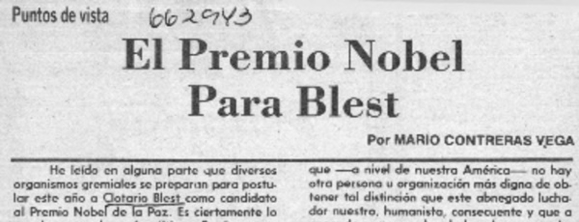 El Premio Nobel para Blest  [artículo] Mario Contreras Vega.