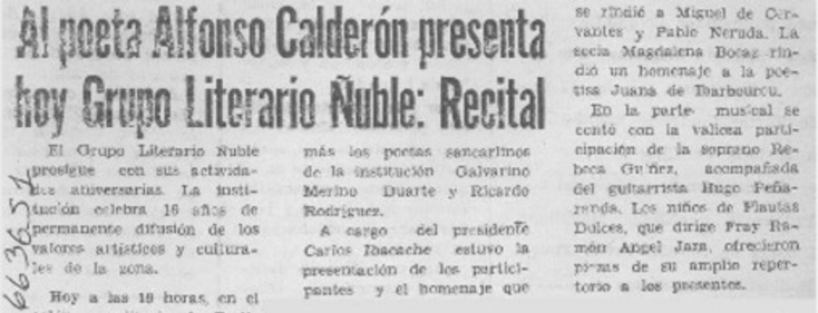 Al poeta Alfonso Calderón presenta hoy Grupo Literario Ñuble: recital.