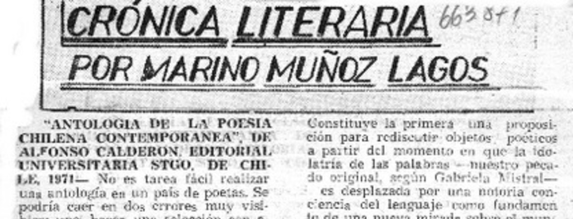 Antología de la poesía chilena contemporánea  [artículo] Marino Muñoz Lagos.