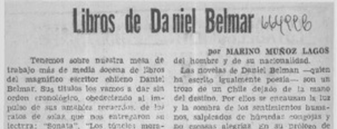 Libros de Daniel Belmar  [artículo] Marino Muñoz Lagos.