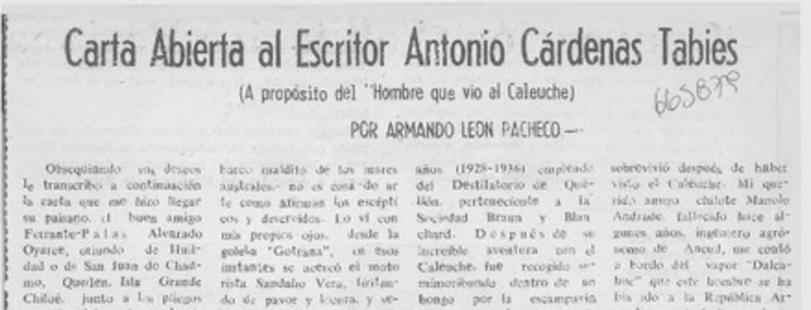 Carta abierta al escritor Antonio Cárdenas Tabies