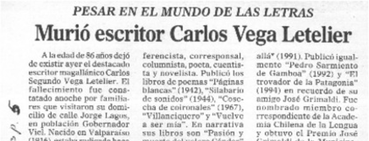 Murió escritor Carlos Vega Letelier.