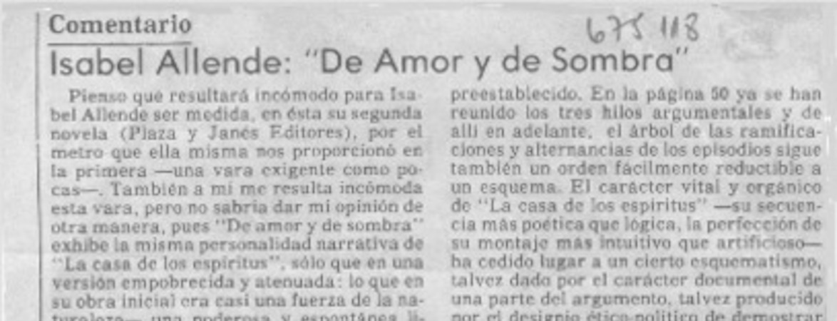 Isabel Allende, "de amor y de sombra"