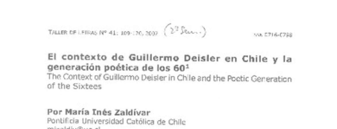 El contexto de Guilermo Deisler en Chile y la generación poética de los 60