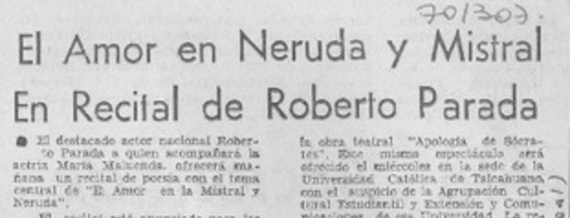 El Amor en Neruda y Mistral en recital de Roberto Parada.