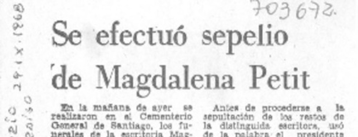 Se efectuó sepelio de Magdalena Petit.