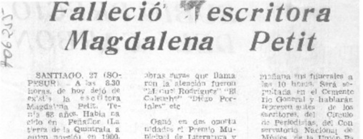 Falleció escritora Magdalena Petit.