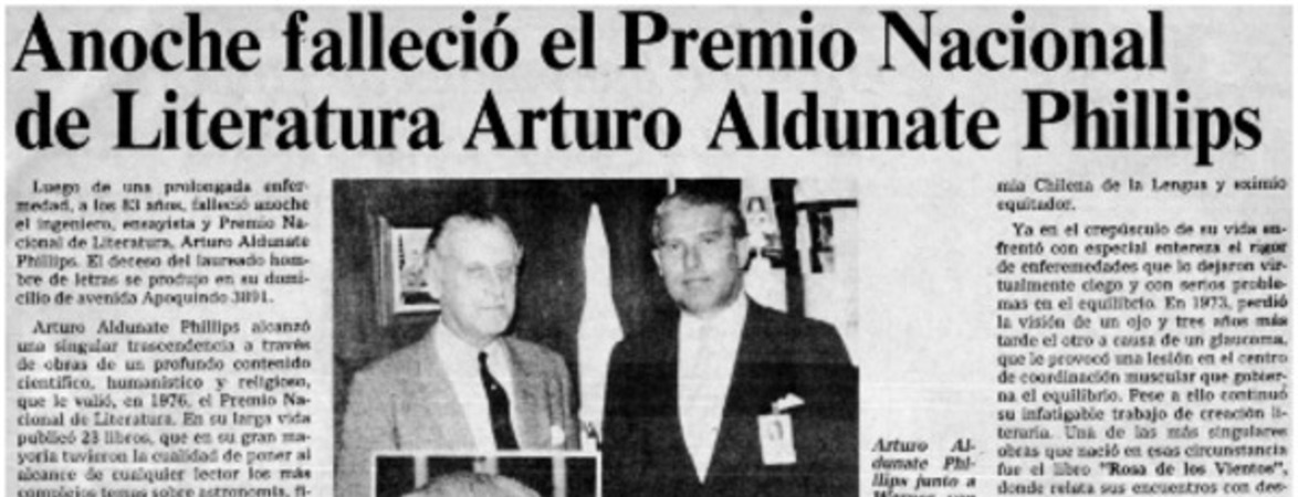 Anoche falleció el Premio Nacional de Literatura Arturo Aldunate Phillips.