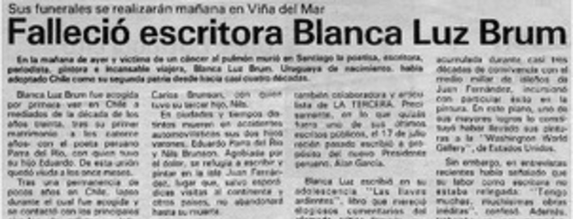 Falleció escritora Blanca Luz Brum.