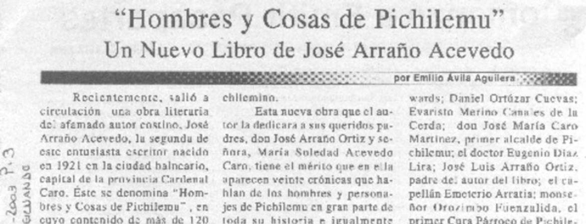 "Hombres y cosas de Pichilemu" un nuevo libro de José Arraño Acevedo