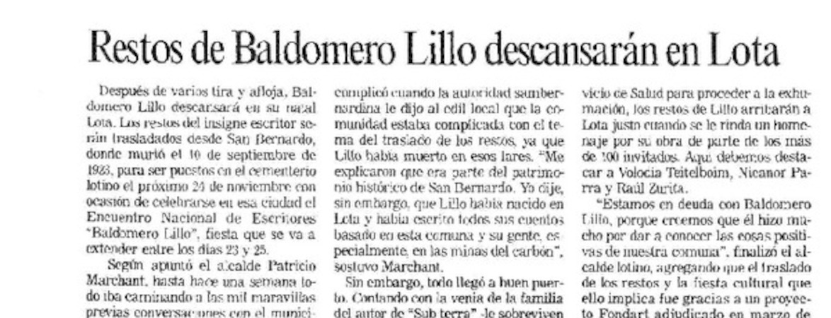 Restos de Baldomero Lillo descansarán en Lota