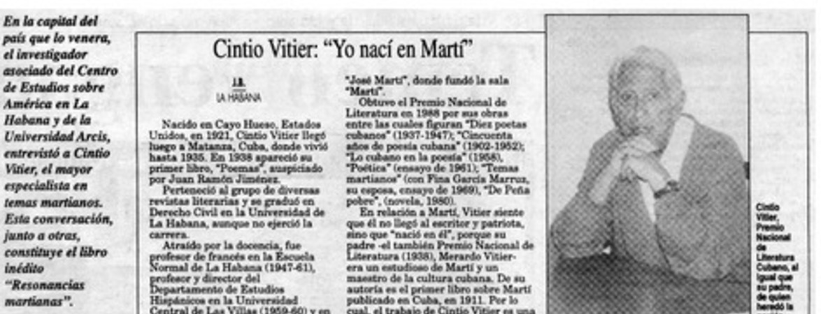 Cintio Vitier: "Yo nací en Martí"
