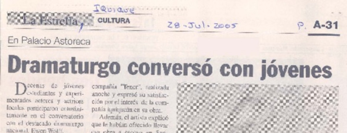 En Palacio Astoreca dramaturgo conversó con jóvenes