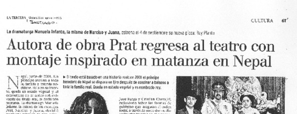 Autora de obra de Prat regresa al teatro con montaje inspirado en matanza en Nepal