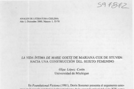 La vida íntima de Marie Goetz de Mariana Cox de Stuven, hacia una contrucción del sujeto femenino  [artículo] Olga López Cotín