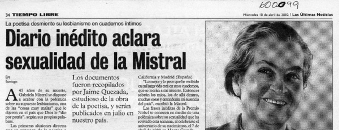 Diario inédito aclara sexualidad de la Mistral  [artículo]
