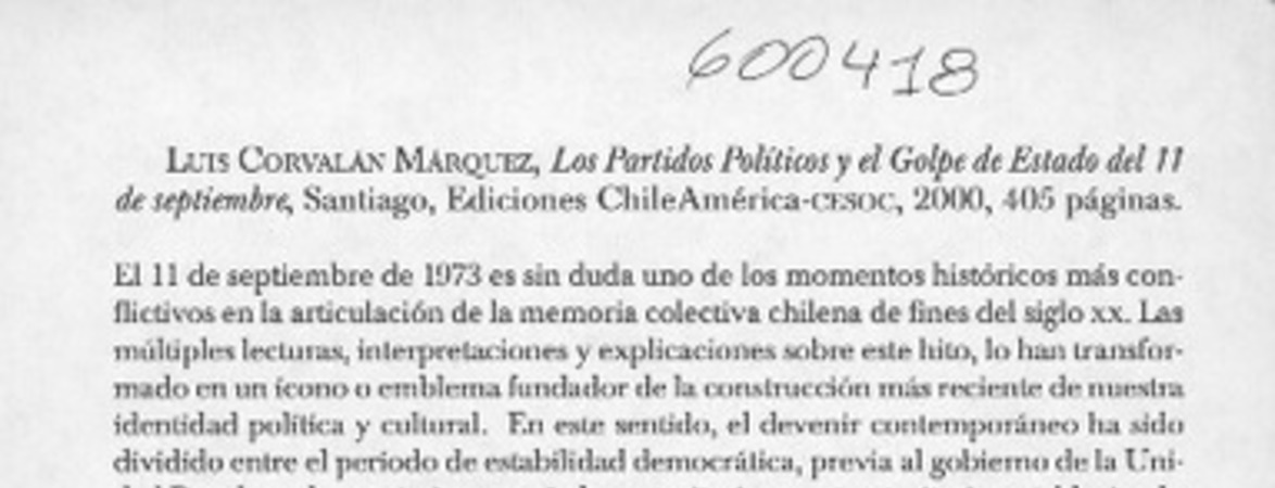 Los partidos políticos y el golpe de estado del 11 de septiembre  [artículo] Claudio Javier Barrientos